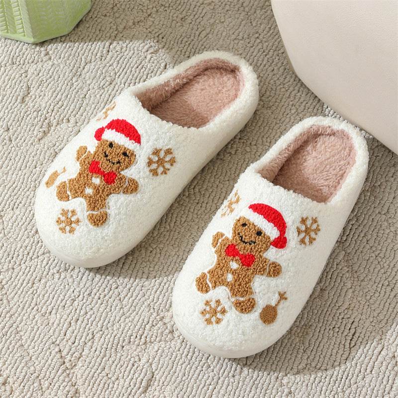 Christmas Snowflake Gingerbread Slippers Winter Indoor Non-slip Floor Bedroom Fuzzy House Shoes For Women Home Slippers - Velora