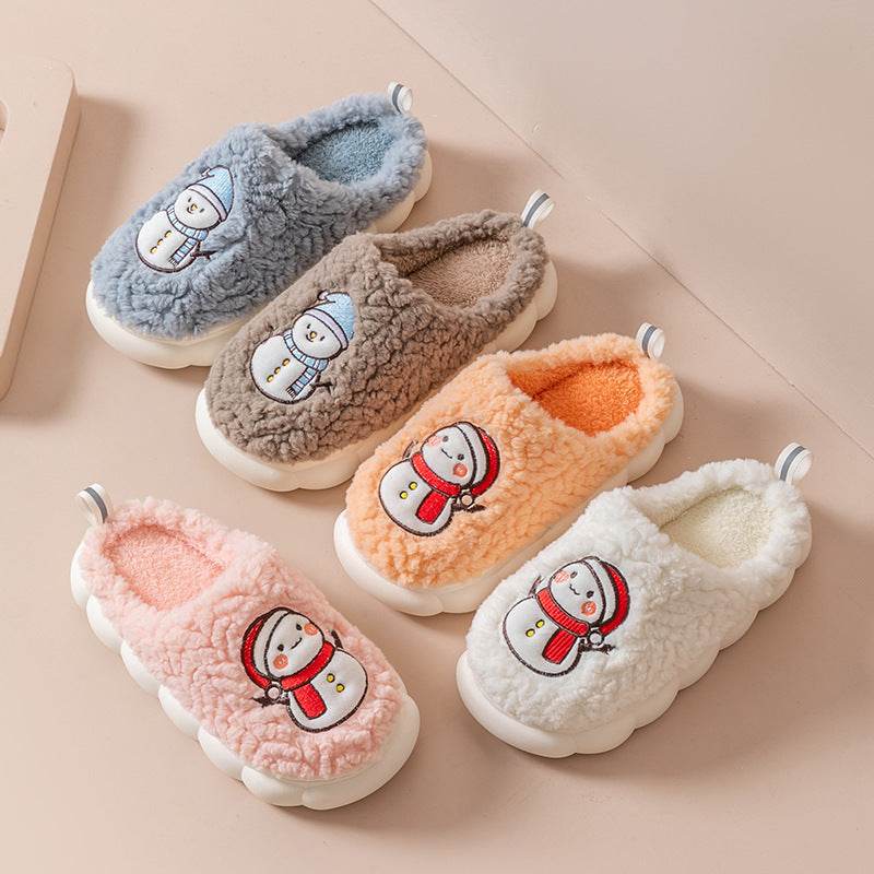 Cute Snowman Slippers Winter Indoor Household Warm Plush Thick-Soled Anti-slip Couple Home Slipper Soft Floor Bedroom House Shoes - Velora