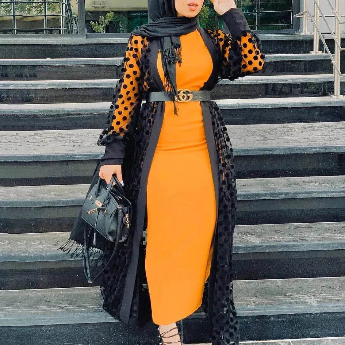 Middle East Apparel Women's Cross-border Polka Dot Perspective Cardigan Long Shawl Open Front Abaya Kimono Abaya for Dubai Turkey Women Two piece - Velora