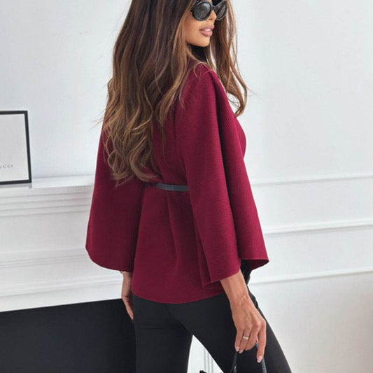 New Stand Collar Batwing Sleeves Cloak Top With Belt Ins Fashion Temperament Jacket Woolen Sweater Outwear For Women Clothing - Velora