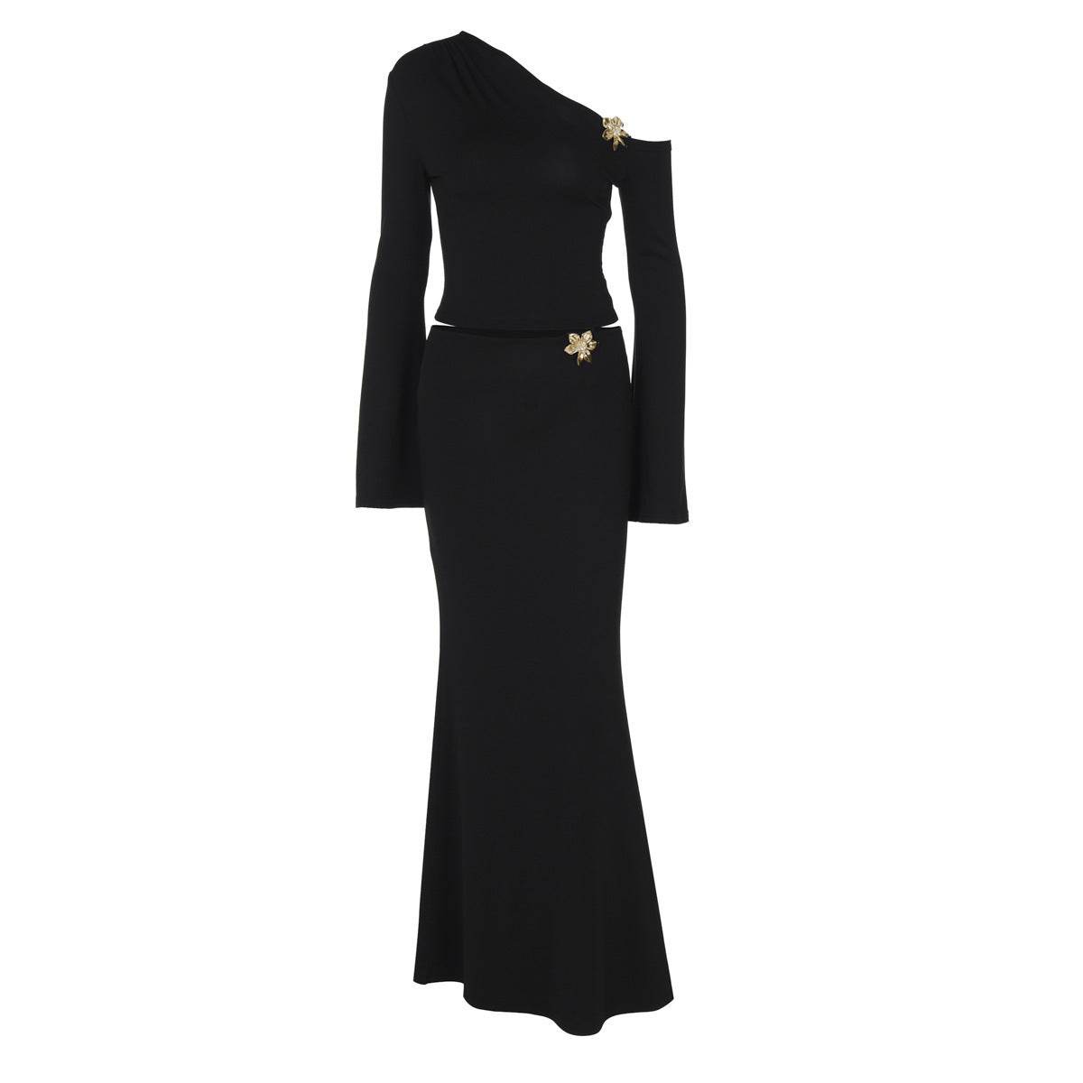 Sexy Slim Oblique Shoulder Skirt Suit With Flower Fashion Bell Sleeve Long Sleeve Top And High Waist Long Skirt Women Clothing - Velora