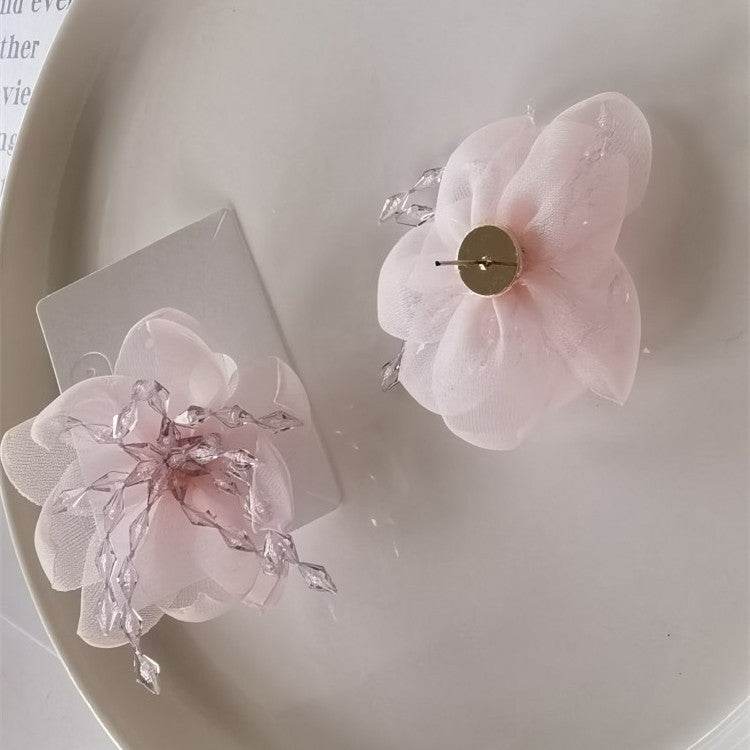 Temperament Flower Sweet Tulle Beaded Exaggerated Earrings - Velora