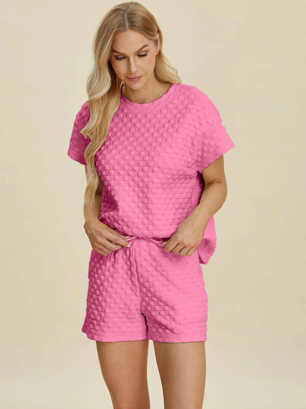 Double Take Full Size Texture T-Shirt and Shorts Set - Velora