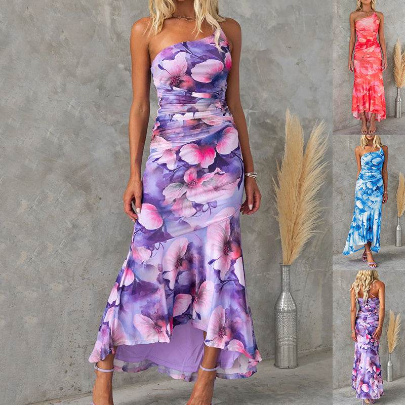 Flowers Print One-shoulder Dress Summer INS Casual Suspender Long Dresses Womens Clothing - Velora