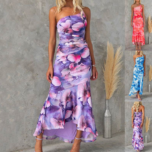 Flowers Print One-shoulder Dress Summer INS Casual Suspender Long Dresses Womens Clothing - Velora