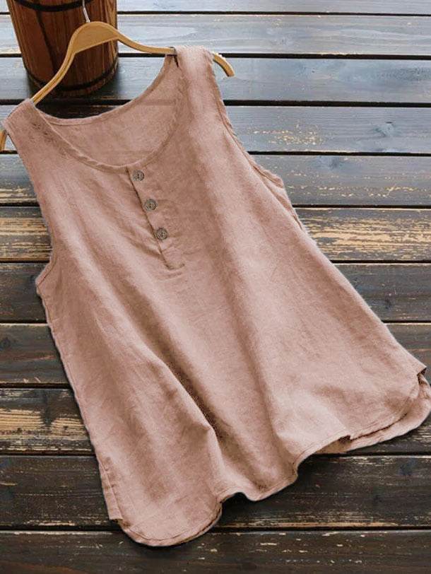 Solid Color Round Neck Loose Casual Vest Cotton Linen summer blouse top for Women - Velora