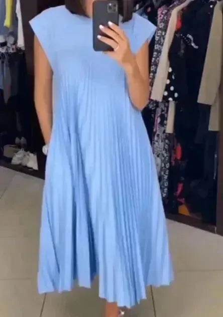 Women Summer Pleated Maxi Dress Casual Short Sleeve Crewneck Flowy Swing Long Dress with Pockets - Velora