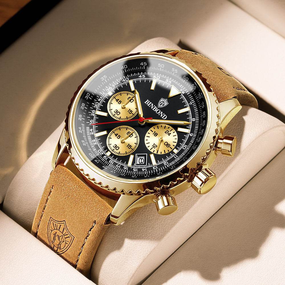 Men's Multi-functional Ultra-thin Business Style Leather Belt Waterproof Luminous Calendar Watch - Velora