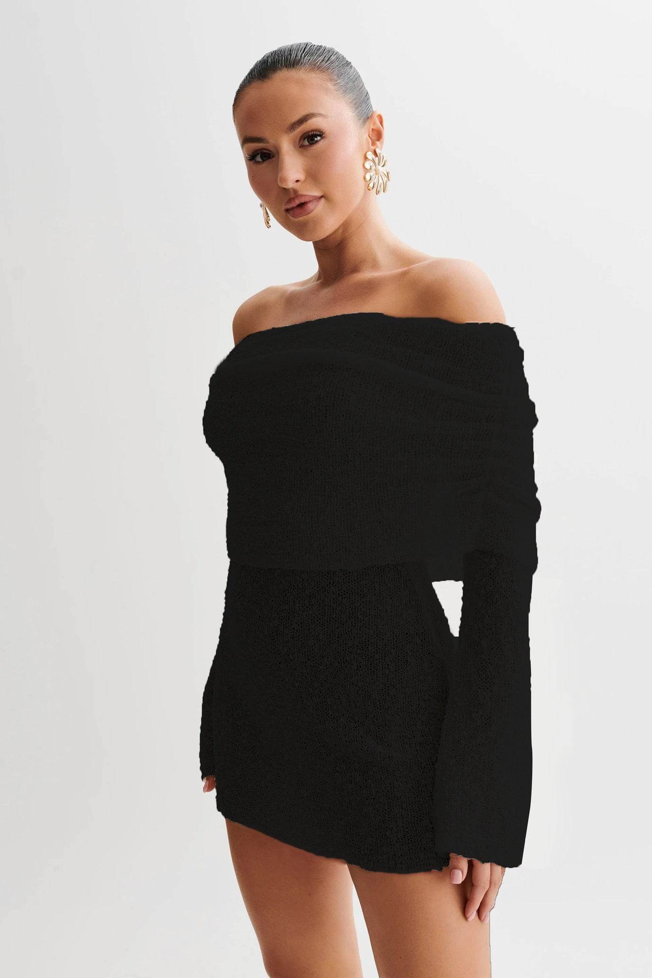 Women's Spring Summer Knitted Dress Elegant Party Boat Neck Dress Infant Off Shoulder Bodycon Long Sleeve Fuzzy Short Club Chic Mini Dress - Velora