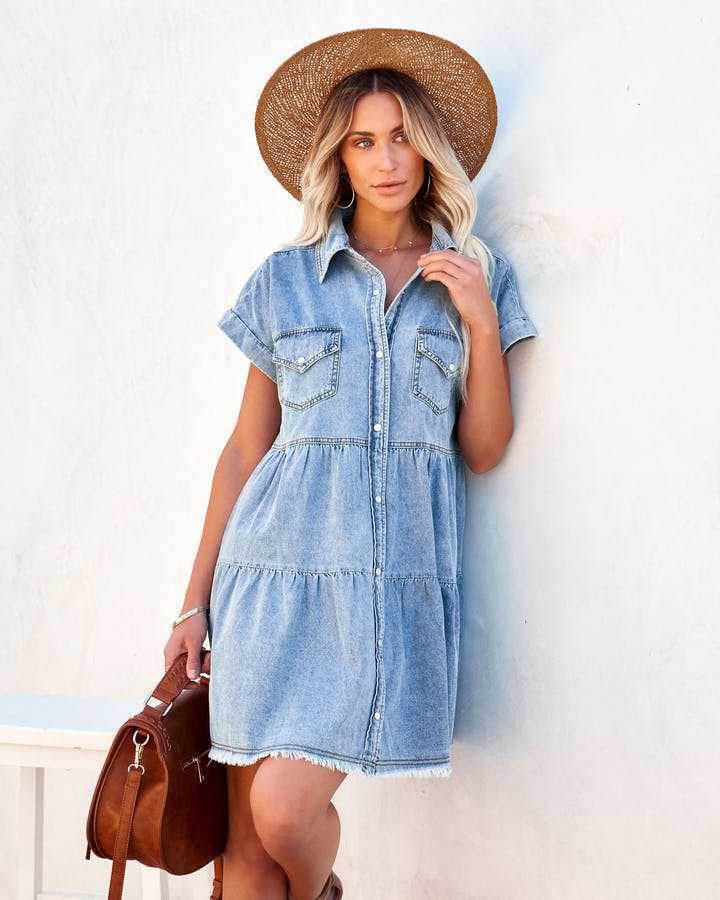 Casual Fashion Denim Short Sleeve loose mini Dress - Velora