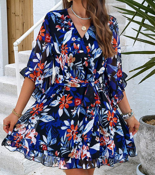 Summer Floral Print Short Sleeves Dress Lace Up Ruffles Design Fashion V-neck Short Dresses Womens Clothing - Velora