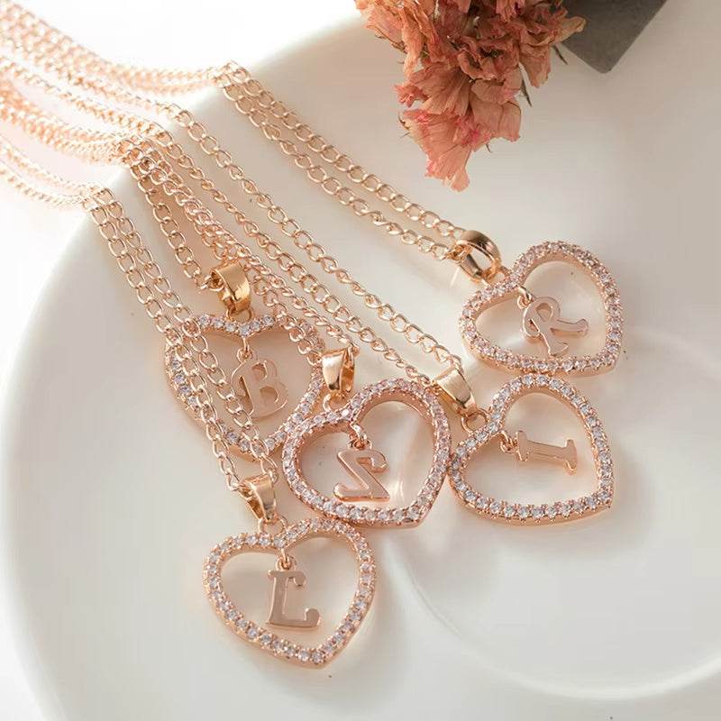 26 Letters Heart-shaped Zircon Pendant Necklace Stainless Steel Gold Color Chains Jewelry Birthday Gift For Women - Velora