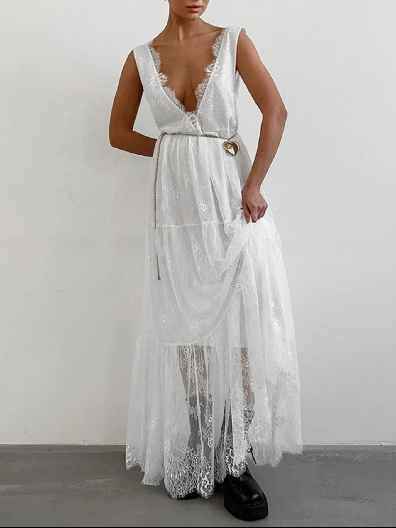 Lace Deep V-Neck Maxi Dress - Velora