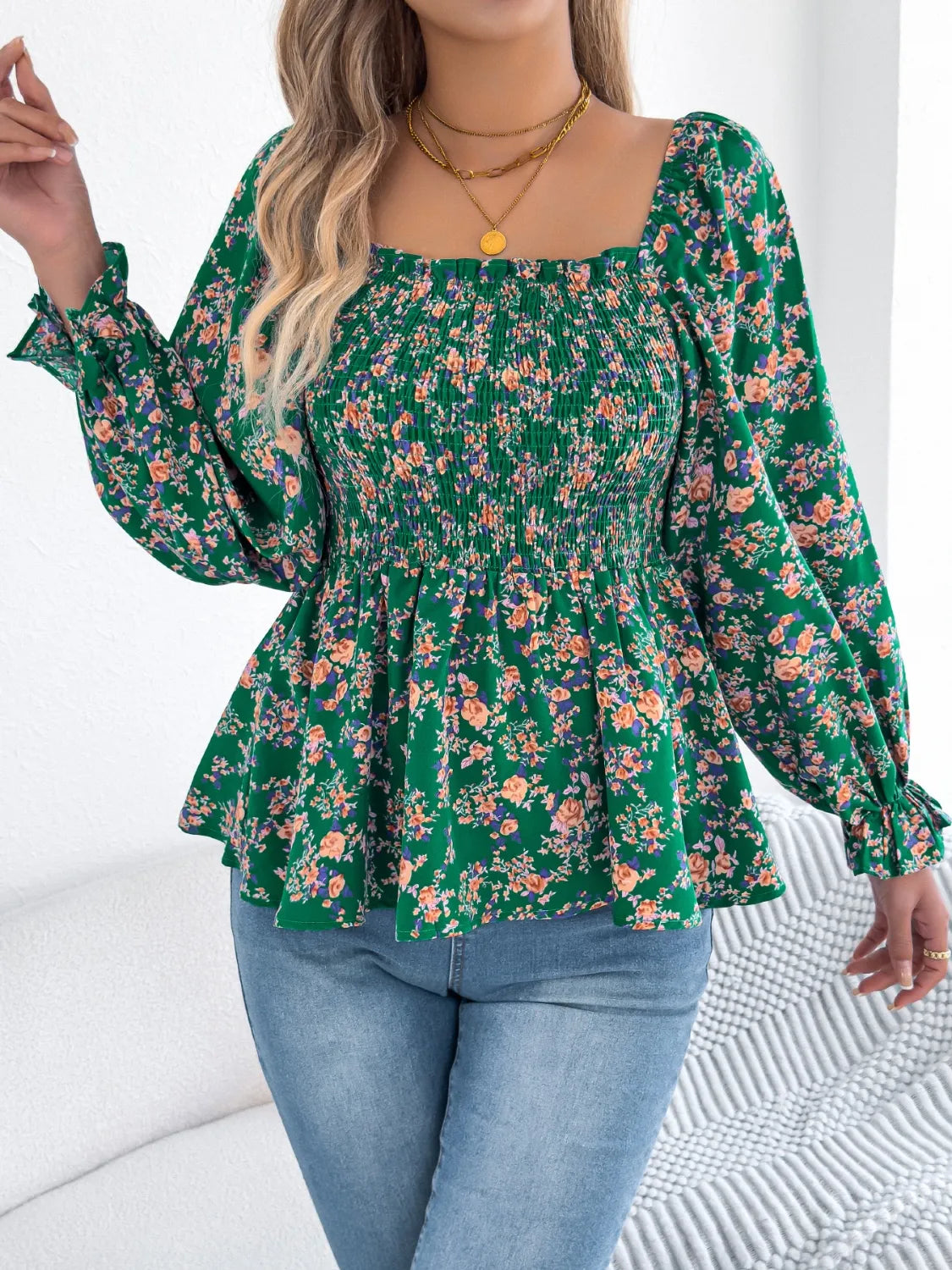 Floral Square Neck Flounce Sleeve Blouse - Velora