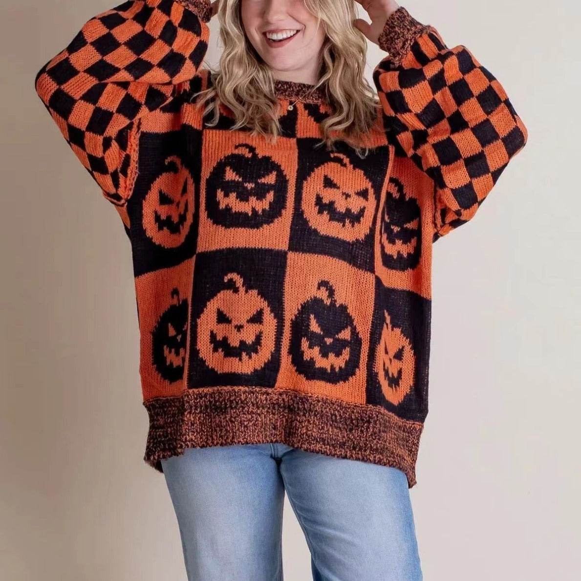 Halloween Cartoon Pumpkin Ghost Sweater Winter Loose Pullover Knitted Top Fashion Women's Clothing - Velora