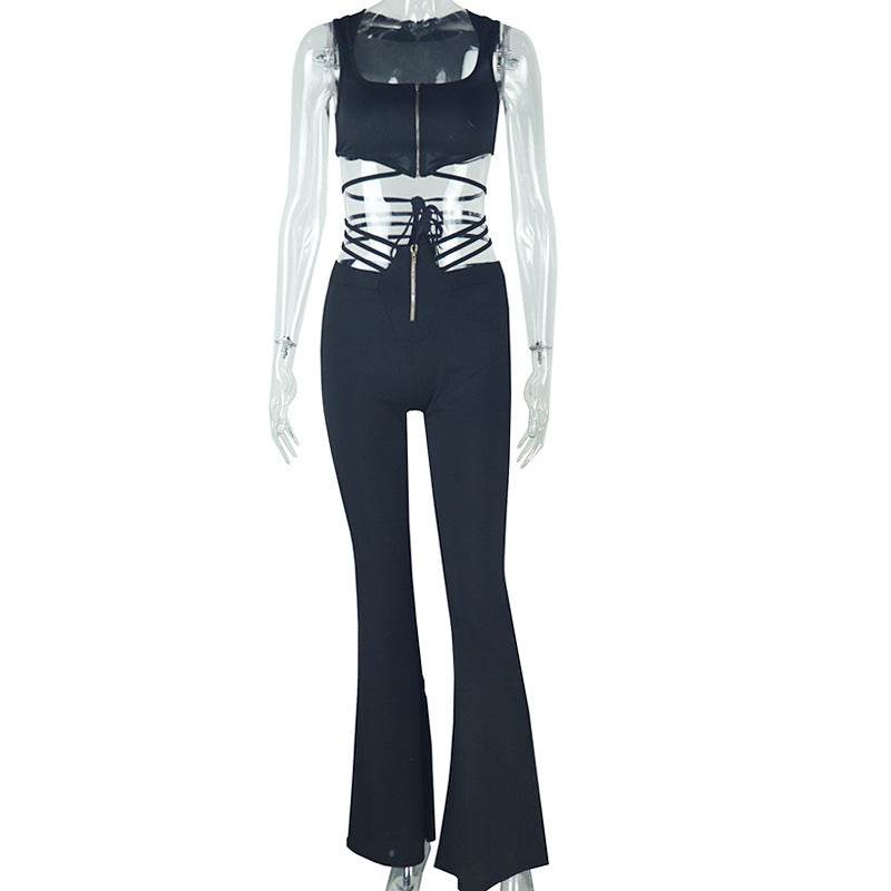 Women's Black Sleeveless Top High Waist Suit - Velora