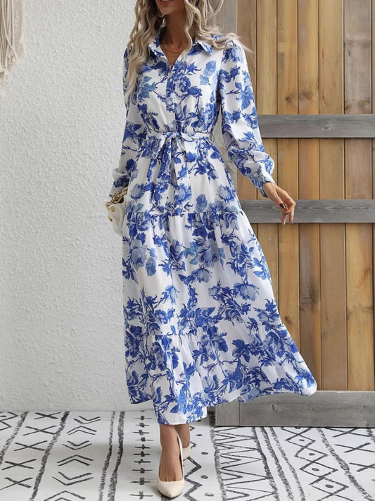 Printed Long Sleeve Shirt Dress - Velora