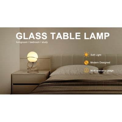 13.5 H Glass Globe Matte Gold Spiral 4 Ring Metal Stand Table Lamp For Living Room, Nightstand Bedside Table Lamp For Bedroom, LED Lamp - Velora