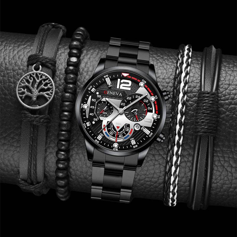 2pcs Men's New Popular Steel Strip Fashion Business Three Eye Quartz Watch Bracelet Set Valentine's Day Gifts - Velora
