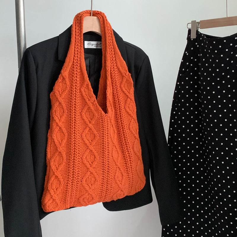 GWomen Shoulder Bags Portable Retro Hollow Knitted Woolen Yarn Bag Shoulder Tote Bag Solid Color Crochet Bag Large Capacity Shopping Tote Bags - Velora