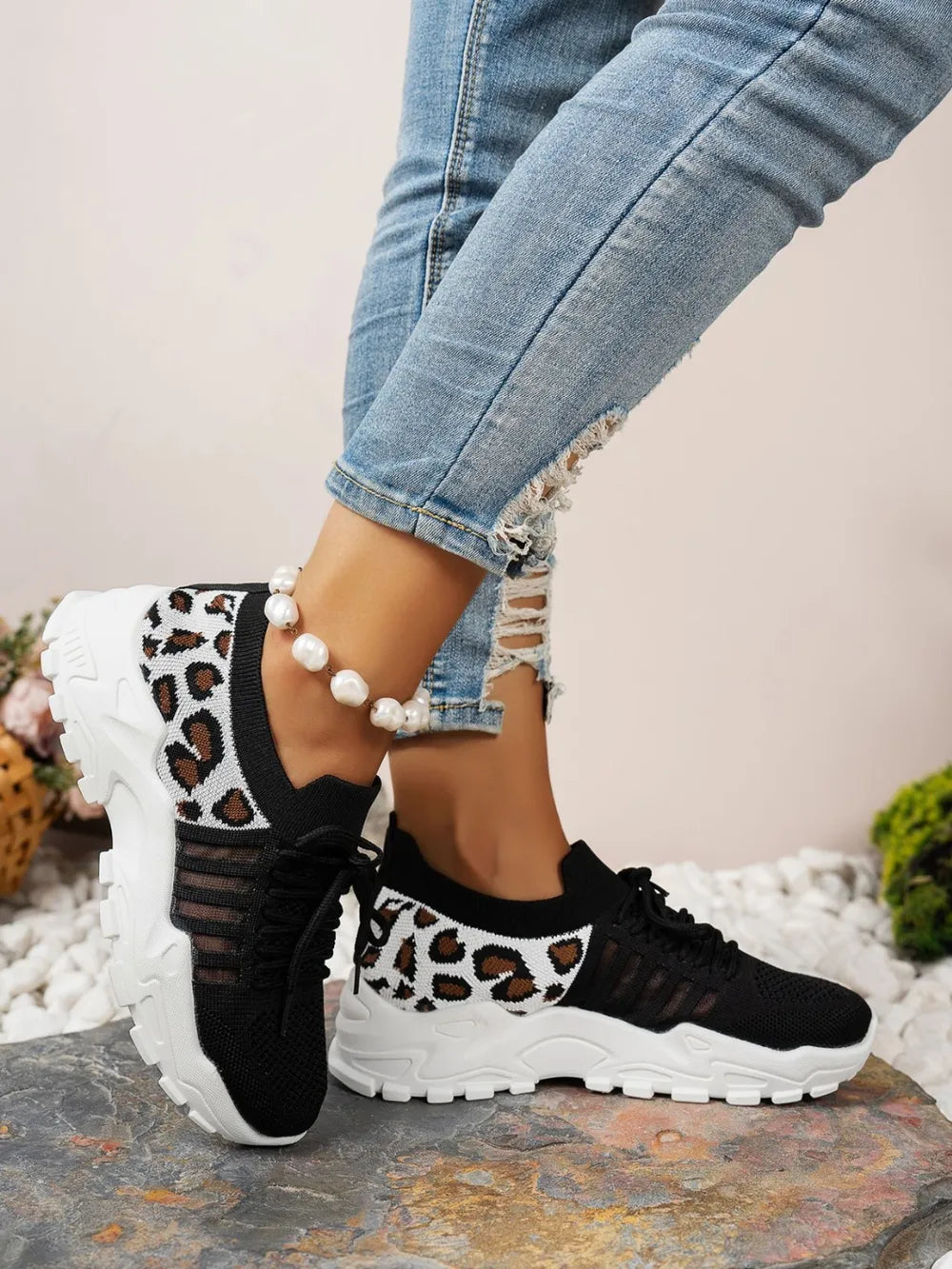 Cutout Leopard Lace Up Mesh Athletic - Velora