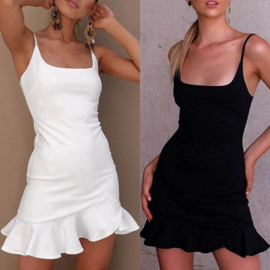 New Ruffles Trumpet Dress Women Sleeveless Spaghetti Strap Slim Summer Dress Party Short Dresses Vestidos - Velora