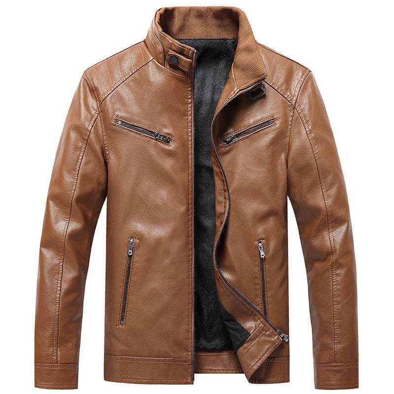Men's Fleece Padded Coat Casual Korean-style Stand Collar PU Leather Jacket Trendy Youth - Velora