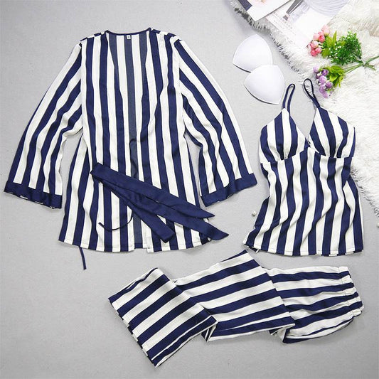 Ladies' Pajamas Summer Leisure Sexy Ice Silk Stripes, Suspenders, Trousers, Nightgowns, Three Sets Of New Silk Pajamas. - Velora