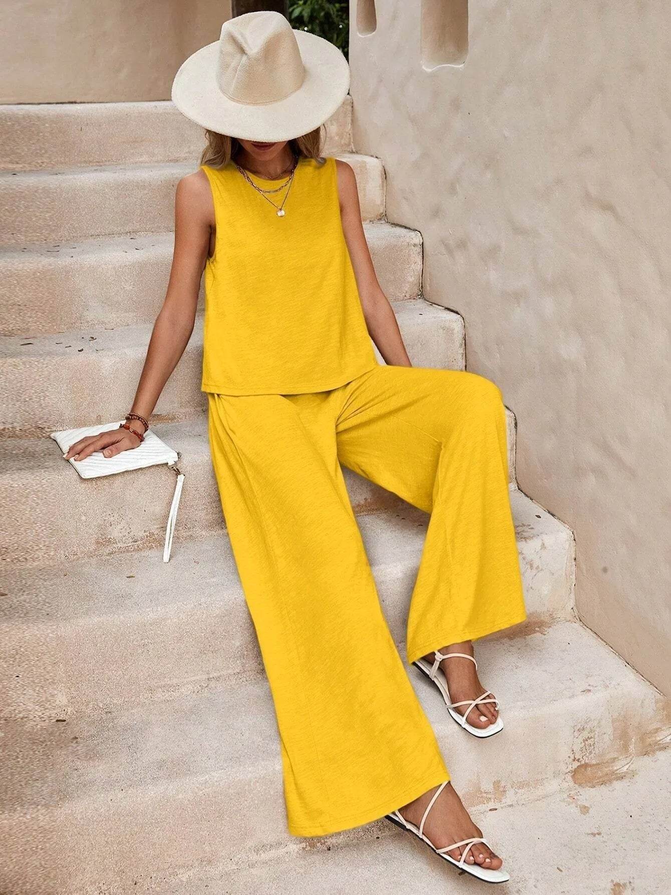 Solid Color Casual Loose Pants Sets For Women Elegant Spring Summer Women's Two Pieces Suit Full Trouser Set Female Outfit Clothes - Velora