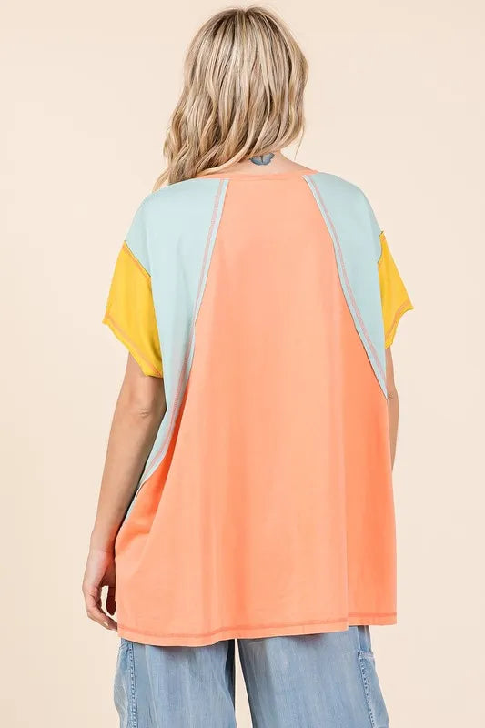 Mittoshop Color Block V-Neck Short Sleeve T-Shirt - Velora