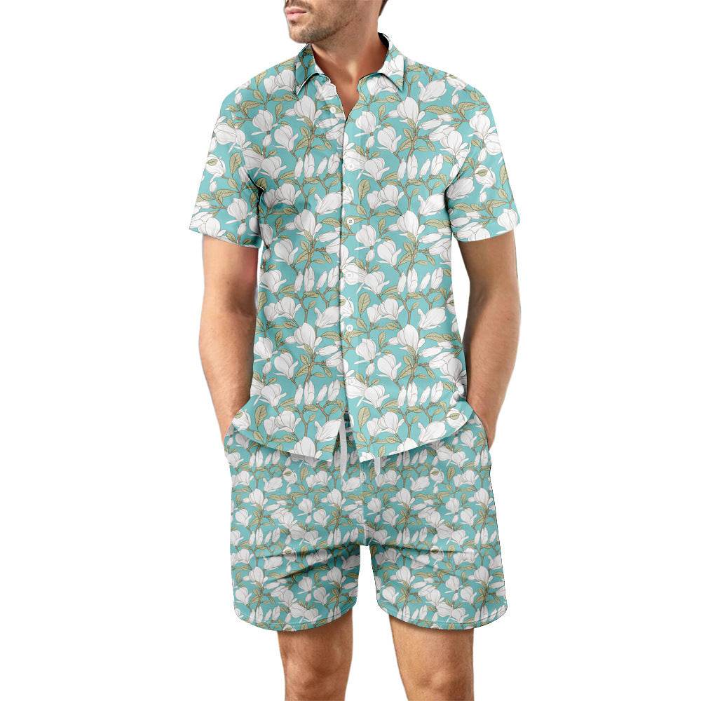 2Pcs Printed Beach Shirt Summer Suit Loose Lapel Button Top And Drawstring Pockets Shorts Casual Short Sleeve Suits For Men Clothing - Velora