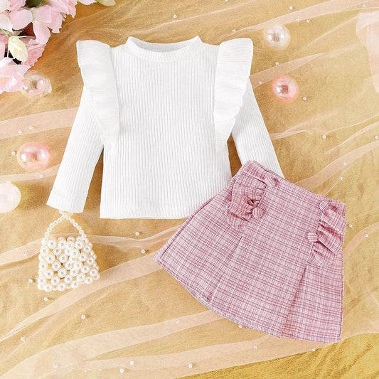 Newborn baby girl Cross-border Sunken Stripe Long Sleeve Classic Style Plaid Short Skirt Two-piece Set for baby girl - Velora