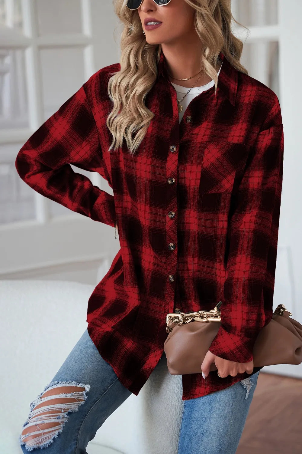Plaid Button Up Dropped Shoulder Outerwear - Velora