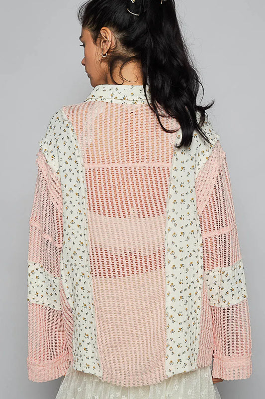 POL Floral Crochet Patchwork Long Sleeve Shirt - Velora