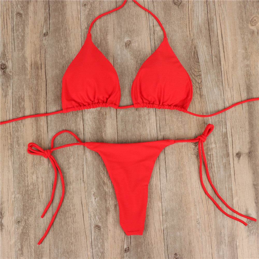 2pcs Halterneck Lace-up Bikini Women Summer Solid Color Sexy Split Strap Adjustable Swimsuit Suit - Velora