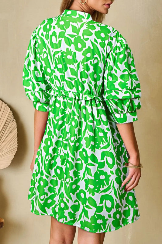 Printed Puff Half Sleeve V Neck Babydoll Dress - Velora