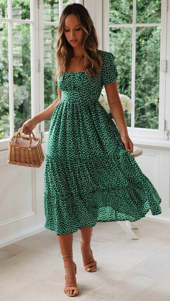 Square Collar Short Sleeve Dress Summer Puff Floral Printed Dress Long Dresses - Velora