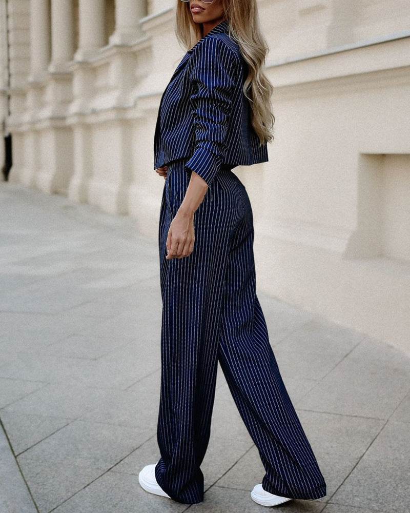 Fashion Striped Suits Casual Lapel Long Sleeve Cropped Top And Straight Pants Outfits Women's Clothing - Velora