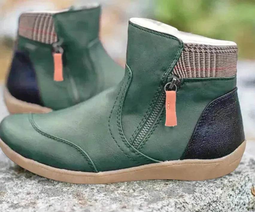 Winter Leather Stitching Flat Bottom Martin Boots With Zipper Plus Size - Velora