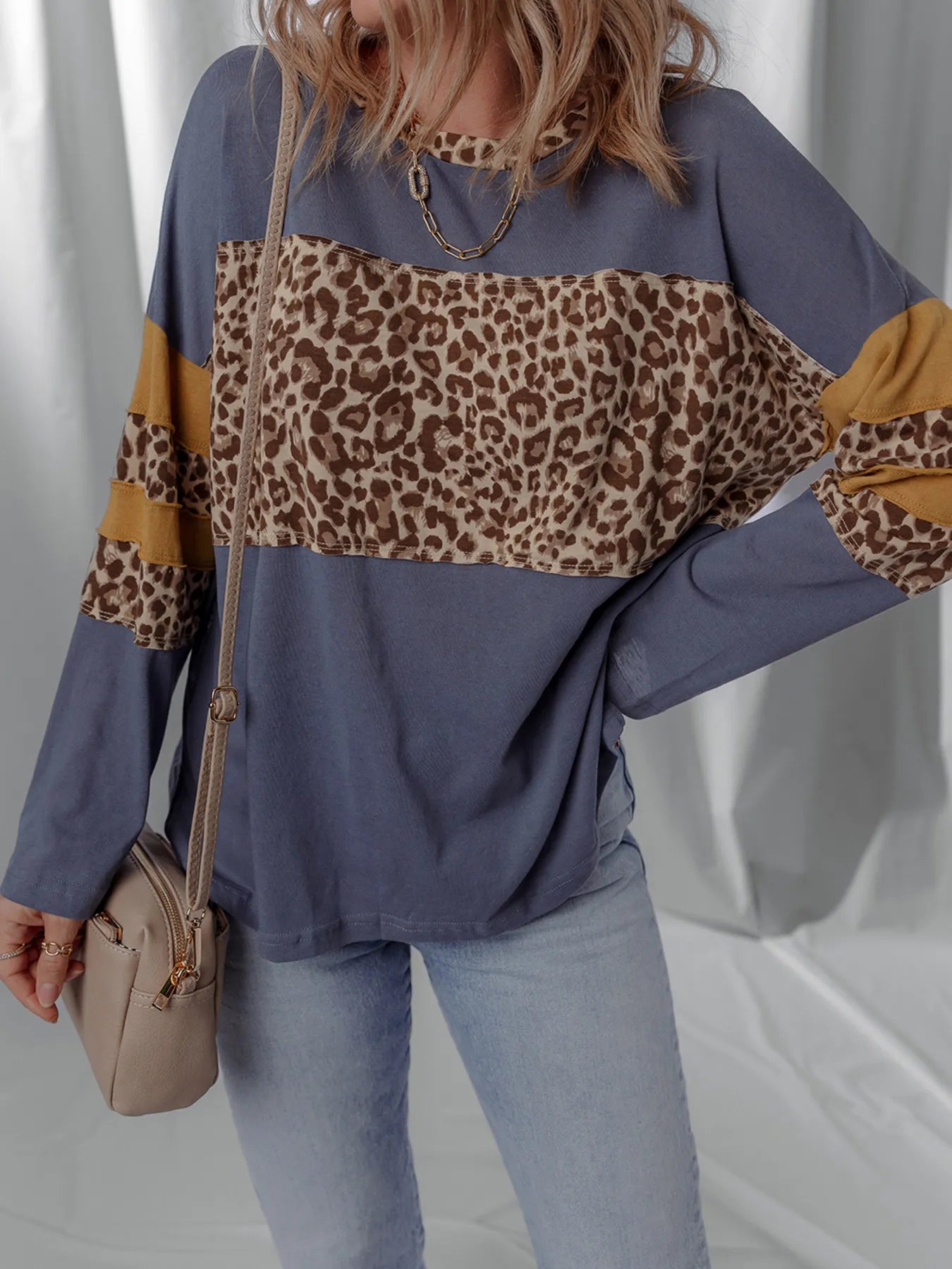 Leopard Color Block Long Sleeve Drop Shoulder Top - Velora