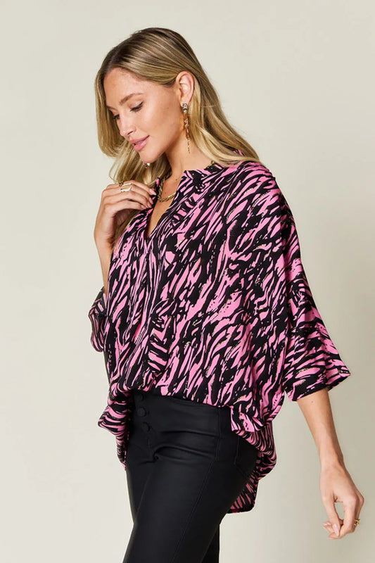 Double Take Full Size Printed Notched Three-Quarter Sleeve Blouse - Velora