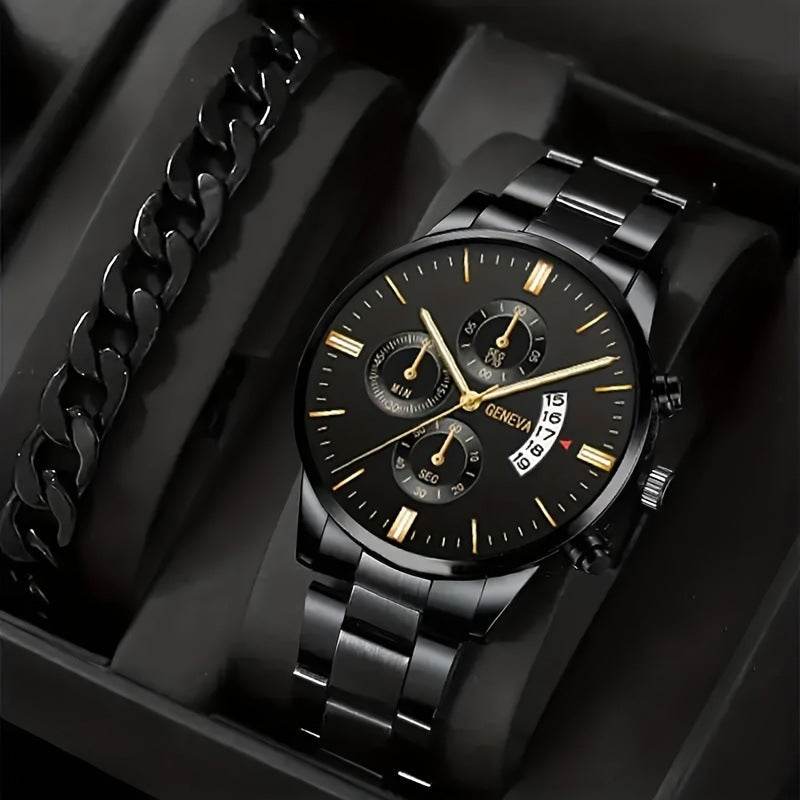 2pcs Men's New Popular Steel Strip Fashion Business Three Eye Quartz Watch Bracelet Set Valentine's Day Gifts - Velora