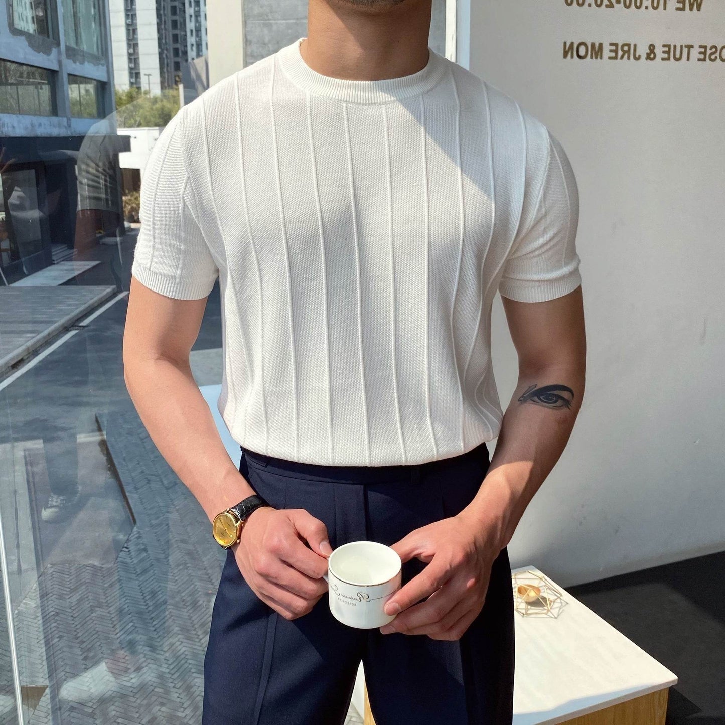Short Sleeve Knitted T-shirt Summer Men's Light Round Neck Thin Tops - Velora