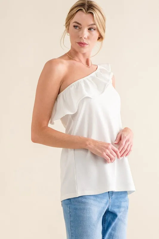 And The Why Ruffle One Shoulder Sleeveless Tank Top - Velora