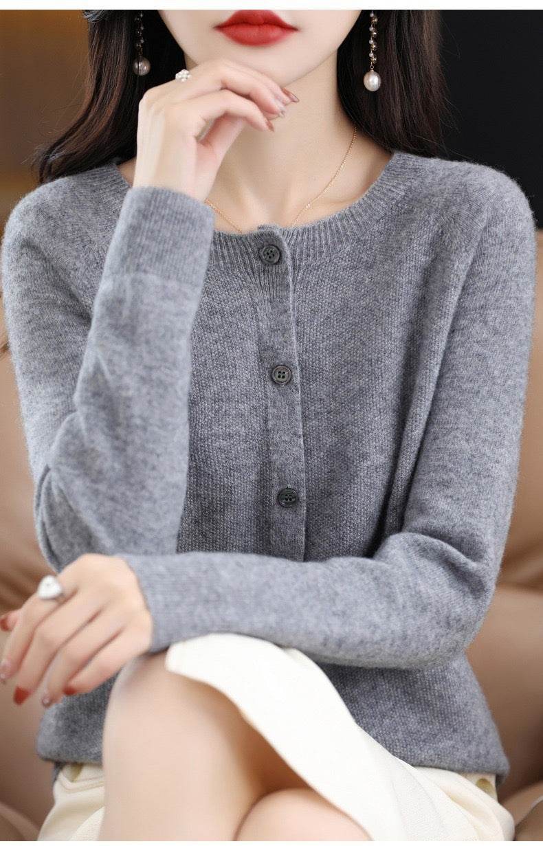 Fashion Merino Wool Cardigan Sweater Women O-Neck Long-sleeve Cashmere Knitwear Spring Autumn Female Clothing Tops - Velora