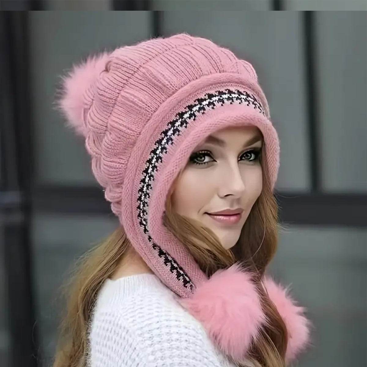 Cozy Knit Fleece-Feel Beanie With Ear Flaps & Pompom Warm Winter Hat For Women Perfect For Skiing & Outdoor Activities - Velora