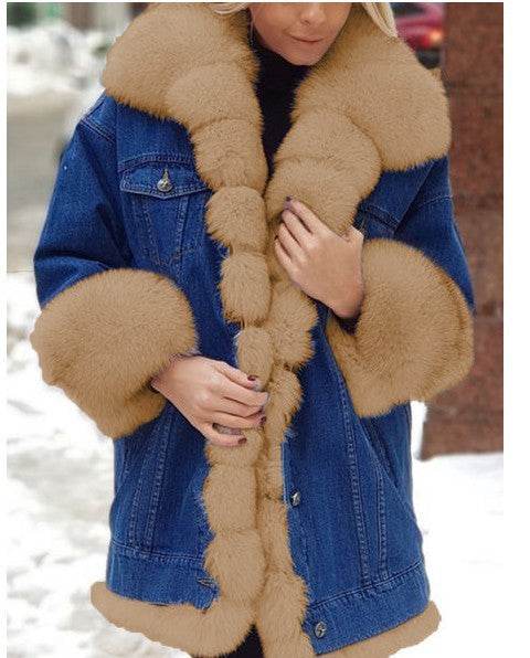 Ladies Fur One Denim Long Long Sleeve Coat - Velora