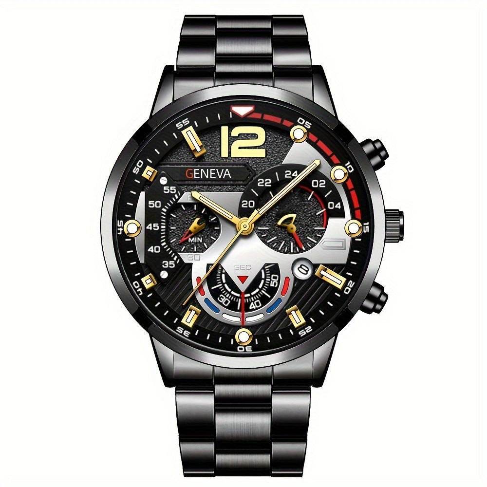2pcs Men's New Popular Steel Strip Fashion Business Three Eye Quartz Watch Bracelet Set Valentine's Day Gifts - Velora