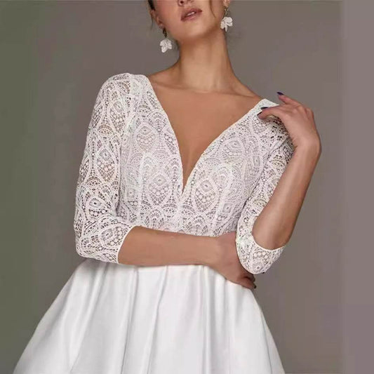 Bridal Deep V-neck Slim Lace Mid-length Long Sleeve Wedding Dress - Velora