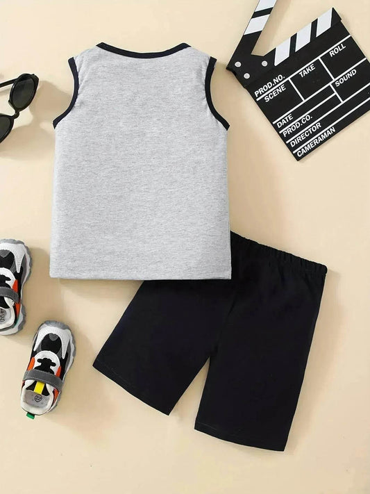 Summer Trendy Boys Letter Fist Print Sleeveless Casual Pants Suit Sleeveless two piece for boys Daddy and me outfit - Velora